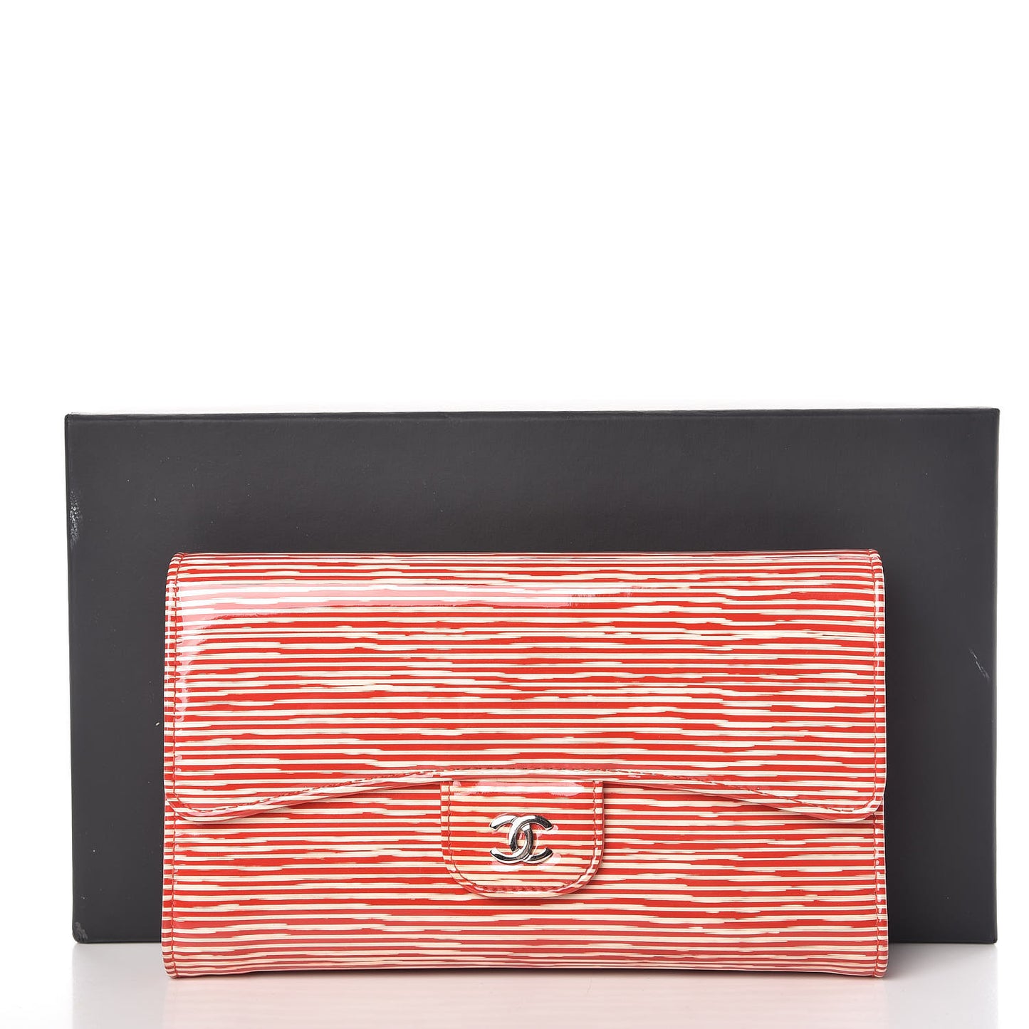 Patent Calfskin Striped Long Flap Wallet Red