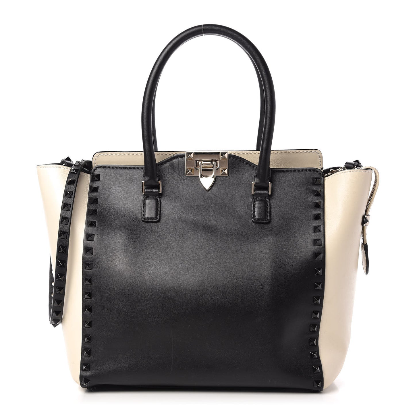 Vitello Bi-Color Rockstud Double Handle Tote Ivory Black