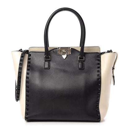 Valentino Garavani Vitello Bi-Color Rockstud Double Handle Tote Ivory Black 1 of 10