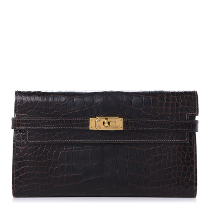 Hermes Matte Alligator Kelly Longue Wallet Chocolate 1 of 13