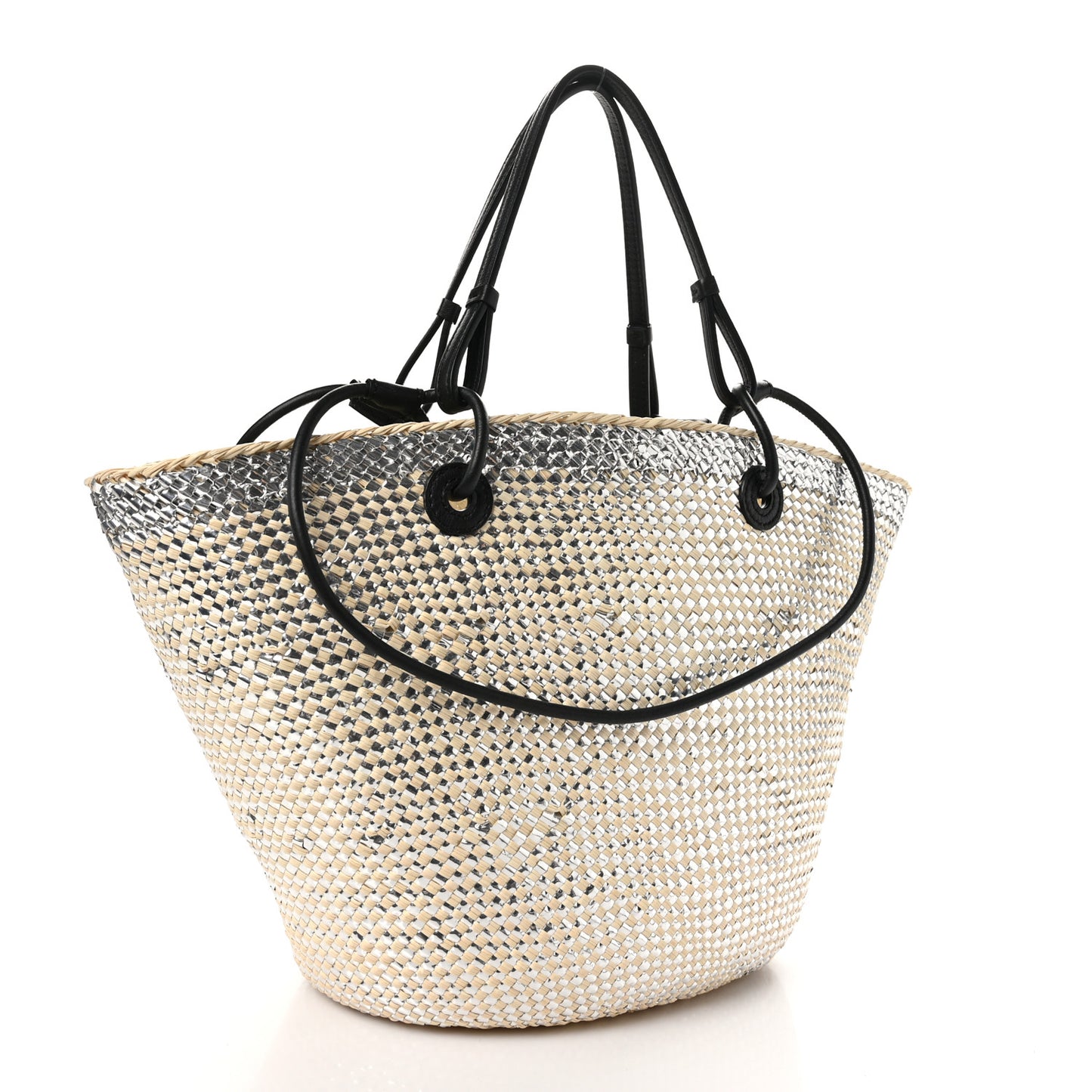 Calfskin Raffia Paulas Ibiza Sparkling Metallic Anagram Basket Tote Bag Natural Silver