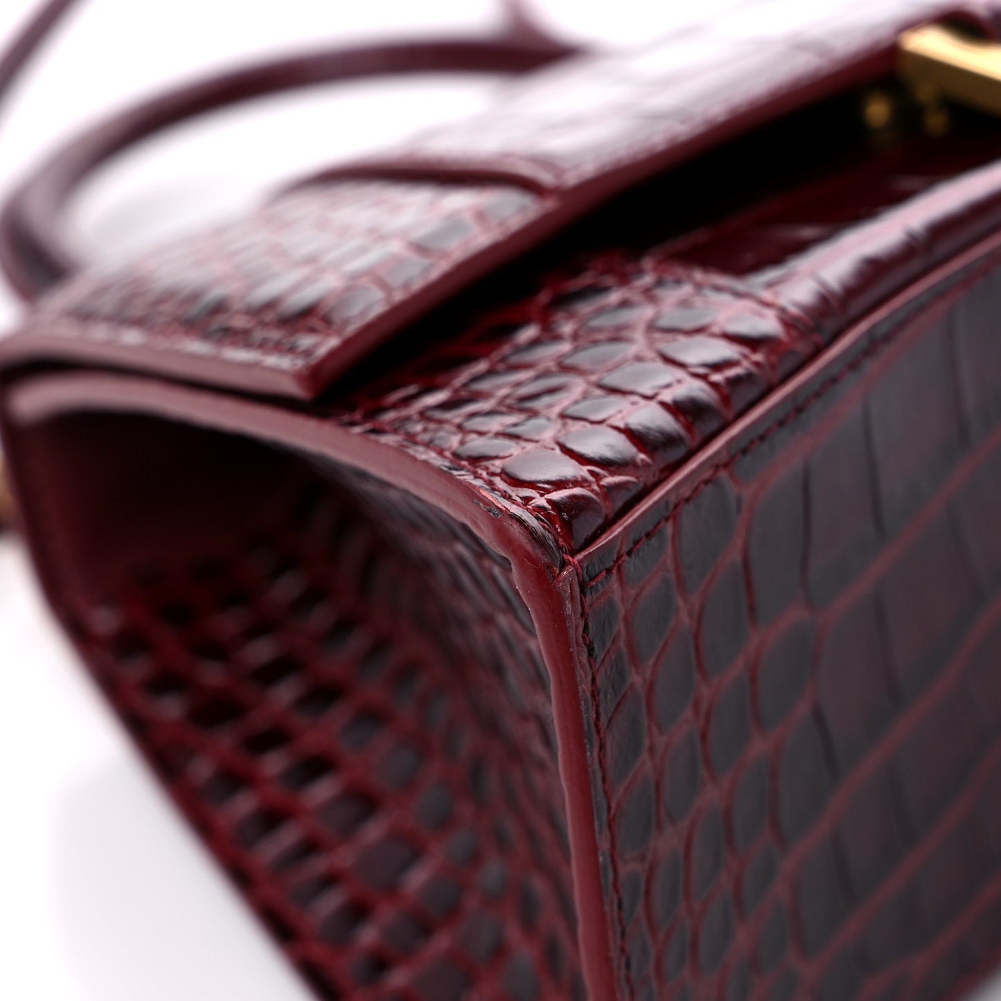 Shiny Calfskin Crocodile Embossed Small Hourglass Top Handle Bag Dark Red