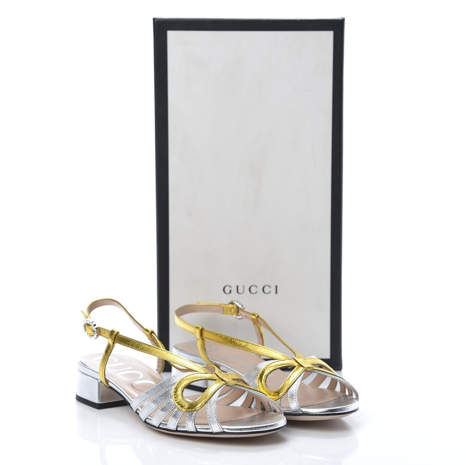 Gucci Metallic Nappa Crystal Zephyra Slingback Low Heel Sandals 36 Silver Gold 8 of 8