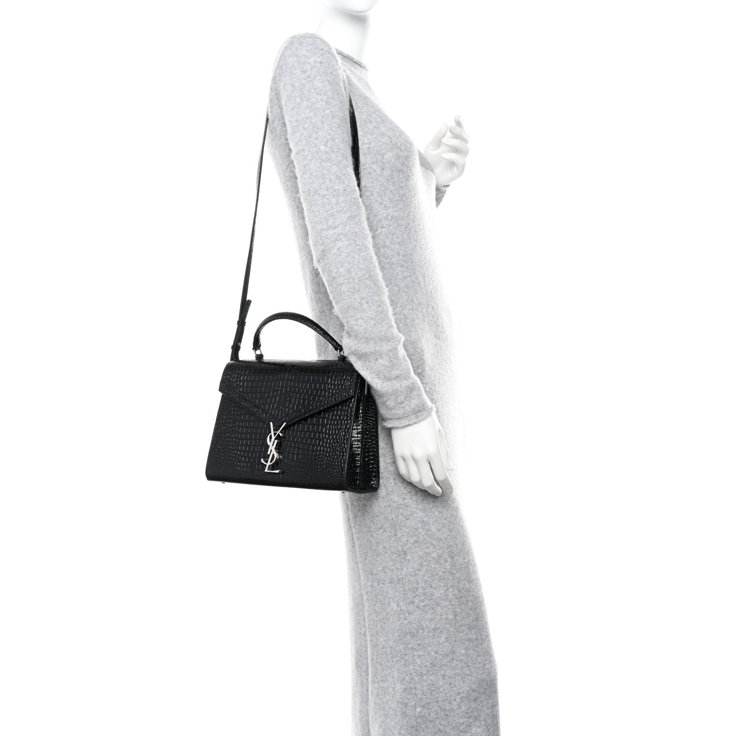 Saint Laurent Calfskin Crocodile Embossed Medium Classic Monogram Cassandra Top Handle Black 2 of 9