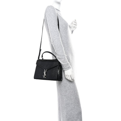 Saint Laurent Calfskin Crocodile Embossed Medium Classic Monogram Cassandra Top Handle Black 2 of 9