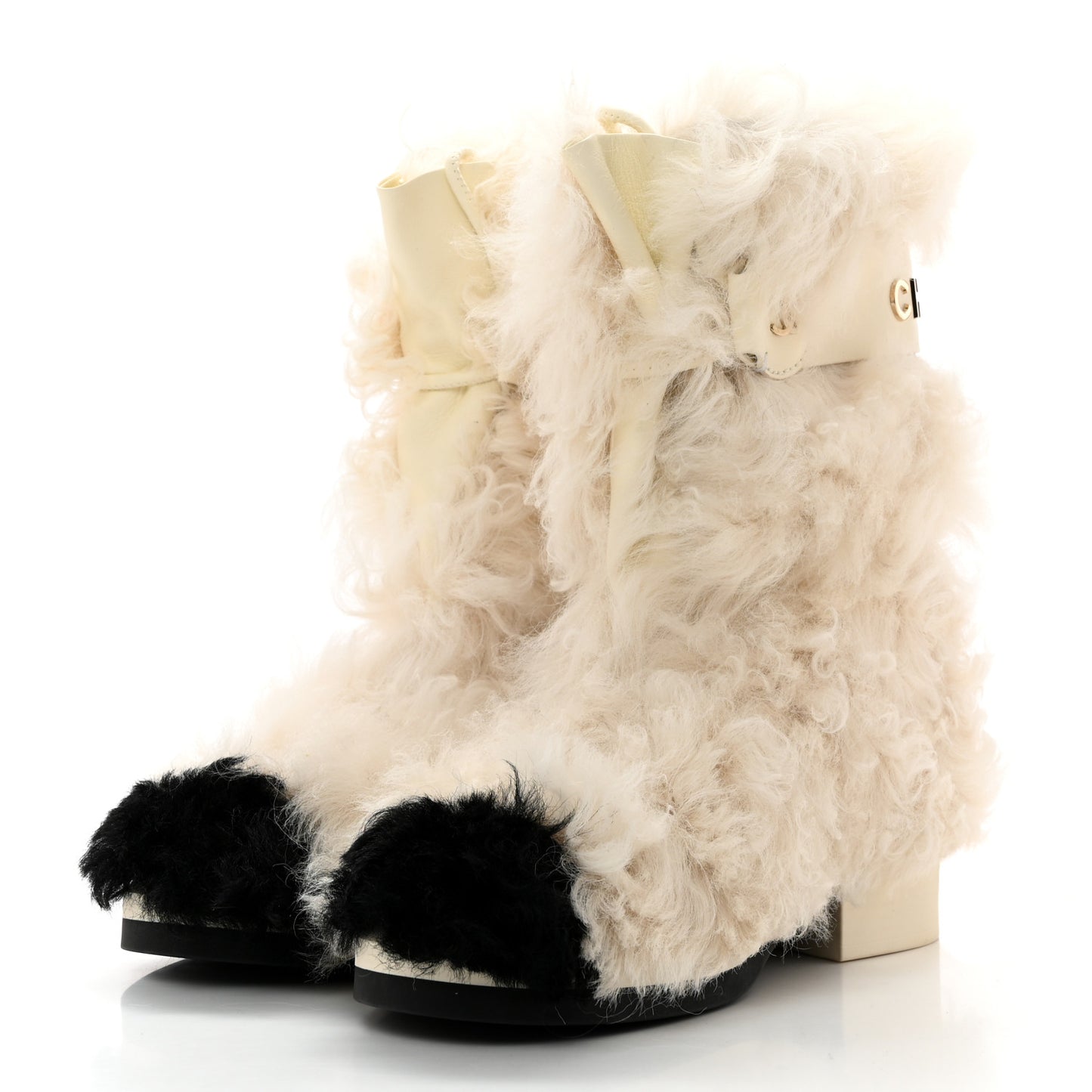 Shearling Sheepskin High Boots 38.5 Ivory Black