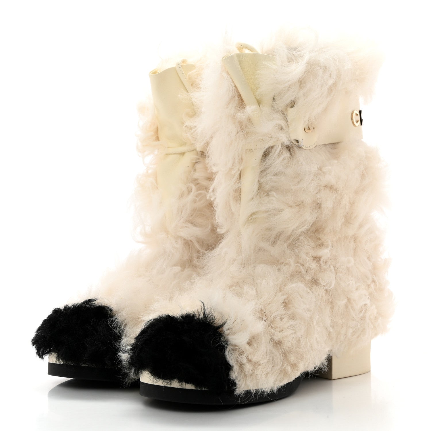Chanel Shearling Sheepskin High Boots 38.5 Ivory Black 3 of 11