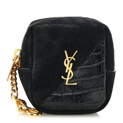 Saint Laurent Suede Patent Crocodile Embossed Jaime Cube Charm Keychain Black 1 of 6