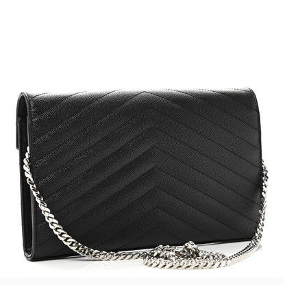 Saint Laurent Grain De Poudre Matelasse Chevron Monogram Chain Wallet Black 3 of 9