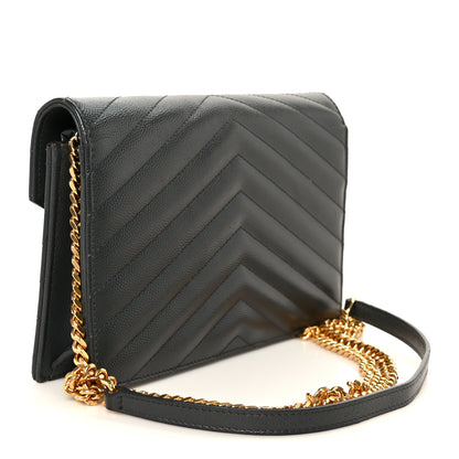 Saint Laurent Grain De Poudre Matelasse Chevron Monogram Envelope Chain Wallet Dark Smog 3 of 11