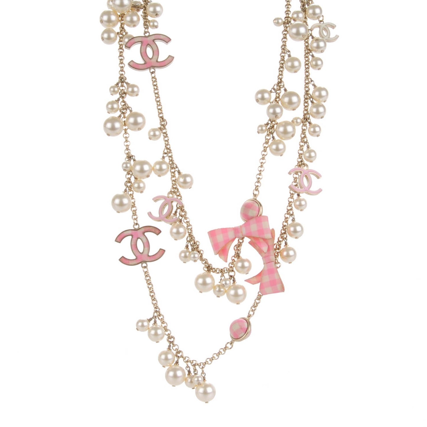 Pearl Silk Enamel CC Long Necklace Pink Gold