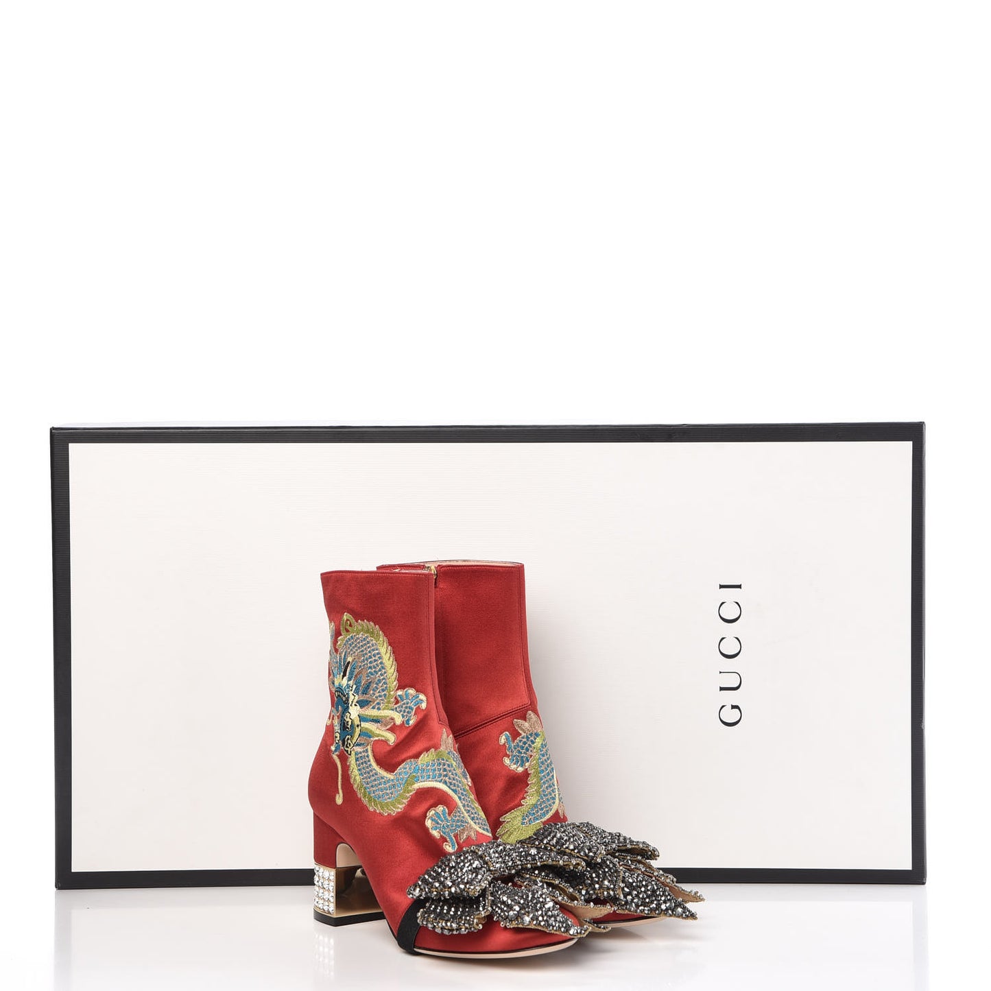 Silk Satin Malaga Kid Embroidered Candy Dragon Block-Heel Ankle Boot 36 Red
