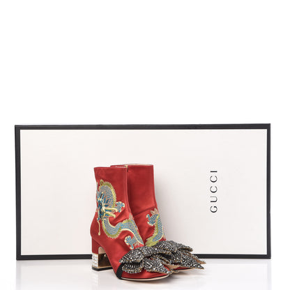 Gucci Silk Satin Malaga Kid Embroidered Candy Dragon Block-Heel Ankle Boot 36 Red 15 of 15