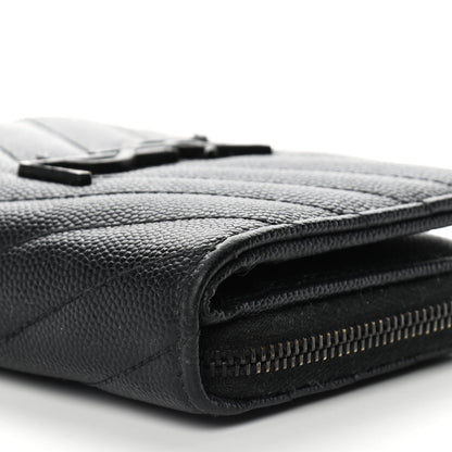 Saint Laurent Grain De Poudre Matelasse Chevron Monogram Monochrome Compact Zip Around Wallet Black 9 of 11