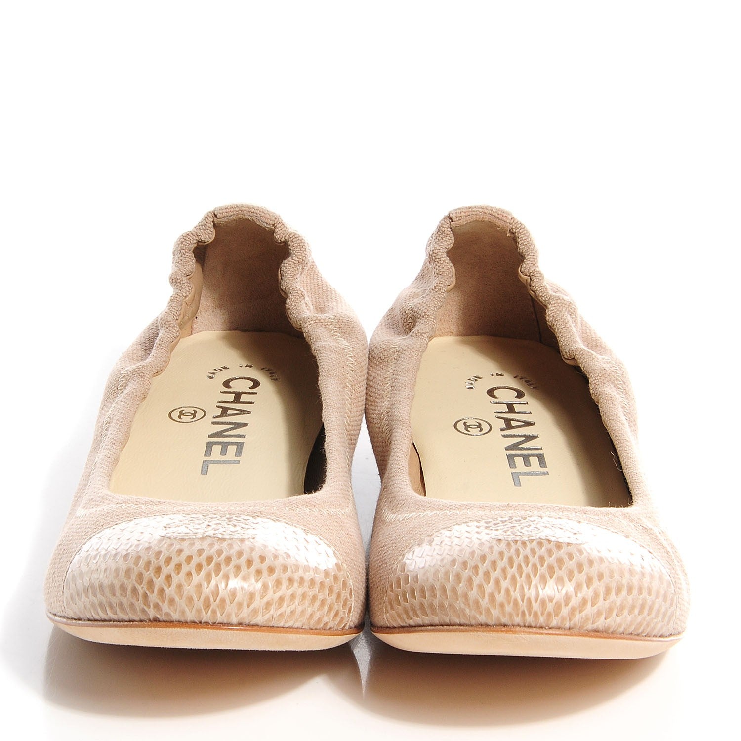 Chanel Toile Snakeskin Cap Toe CC Ballerina Flats 36 Dark Beige 2 of 7