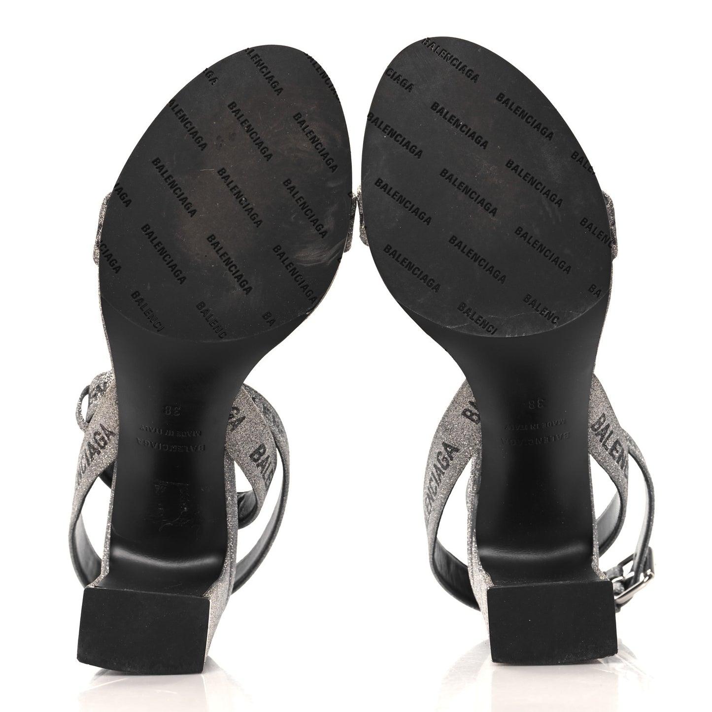 Glitter Allover Logo Ankle Strap Round Heel 80mm Sandals 38 Silver Black