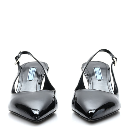 Prada Patent Calfskin Logo Pointed Toe Slingback Wedges 39.5 Black 2 of 7