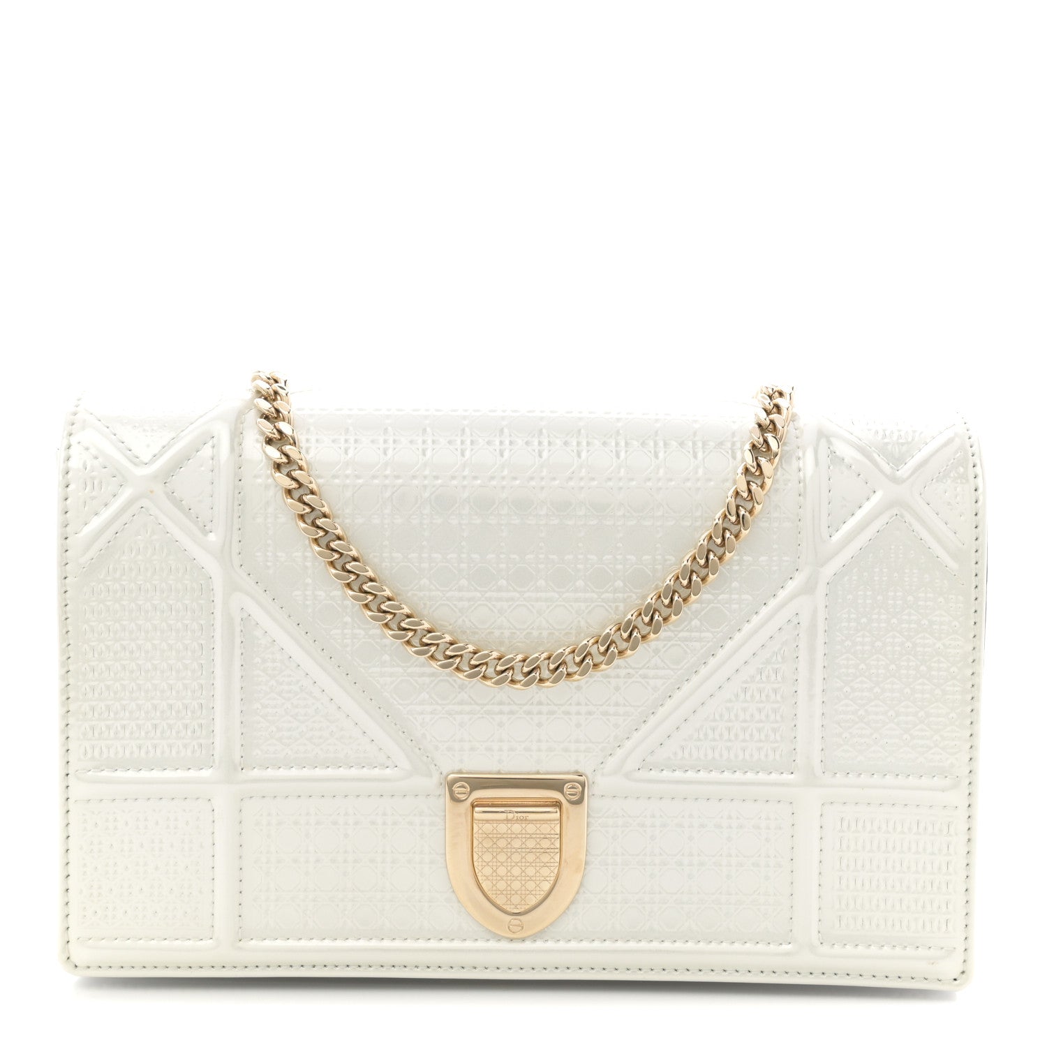 Christian Dior Patent Micro-Cannage Diorama Wallet on Chain Pouch White 1 of 9