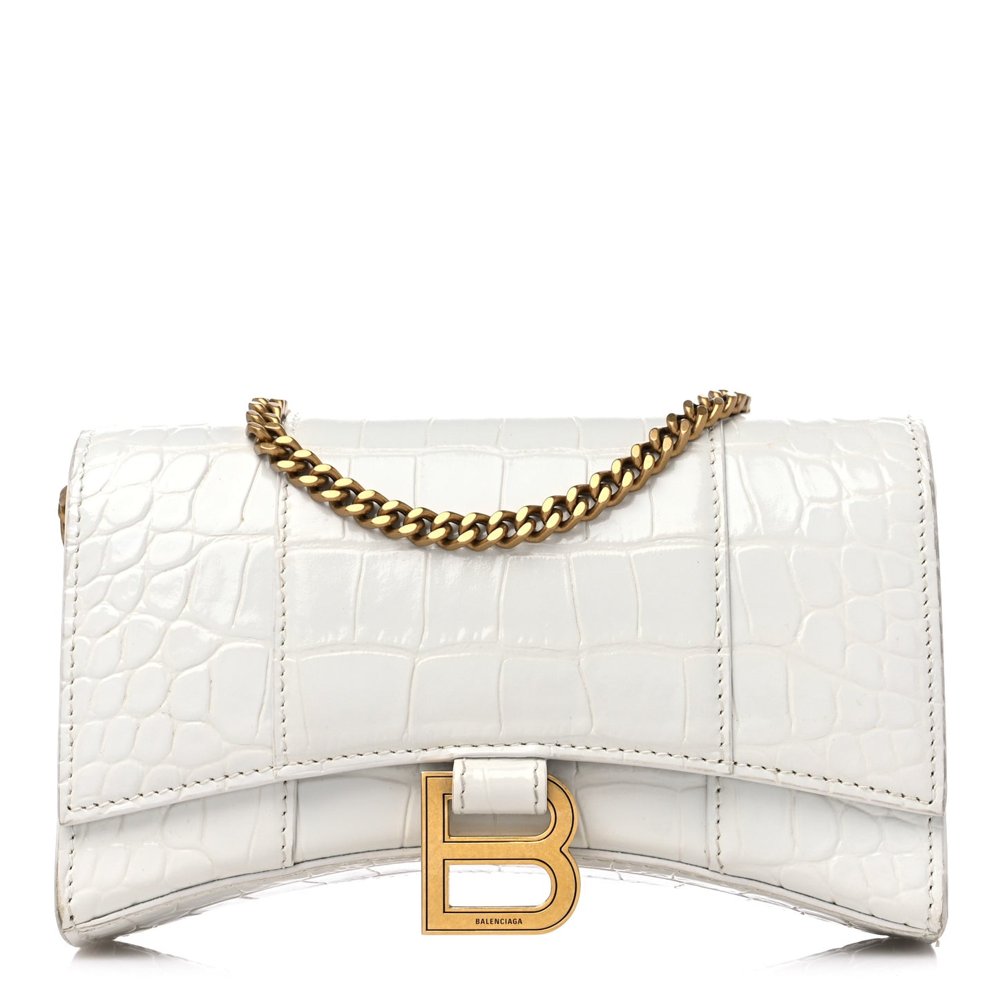 Shiny Calfskin Crocodile Embossed Hourglass Chain Bag White