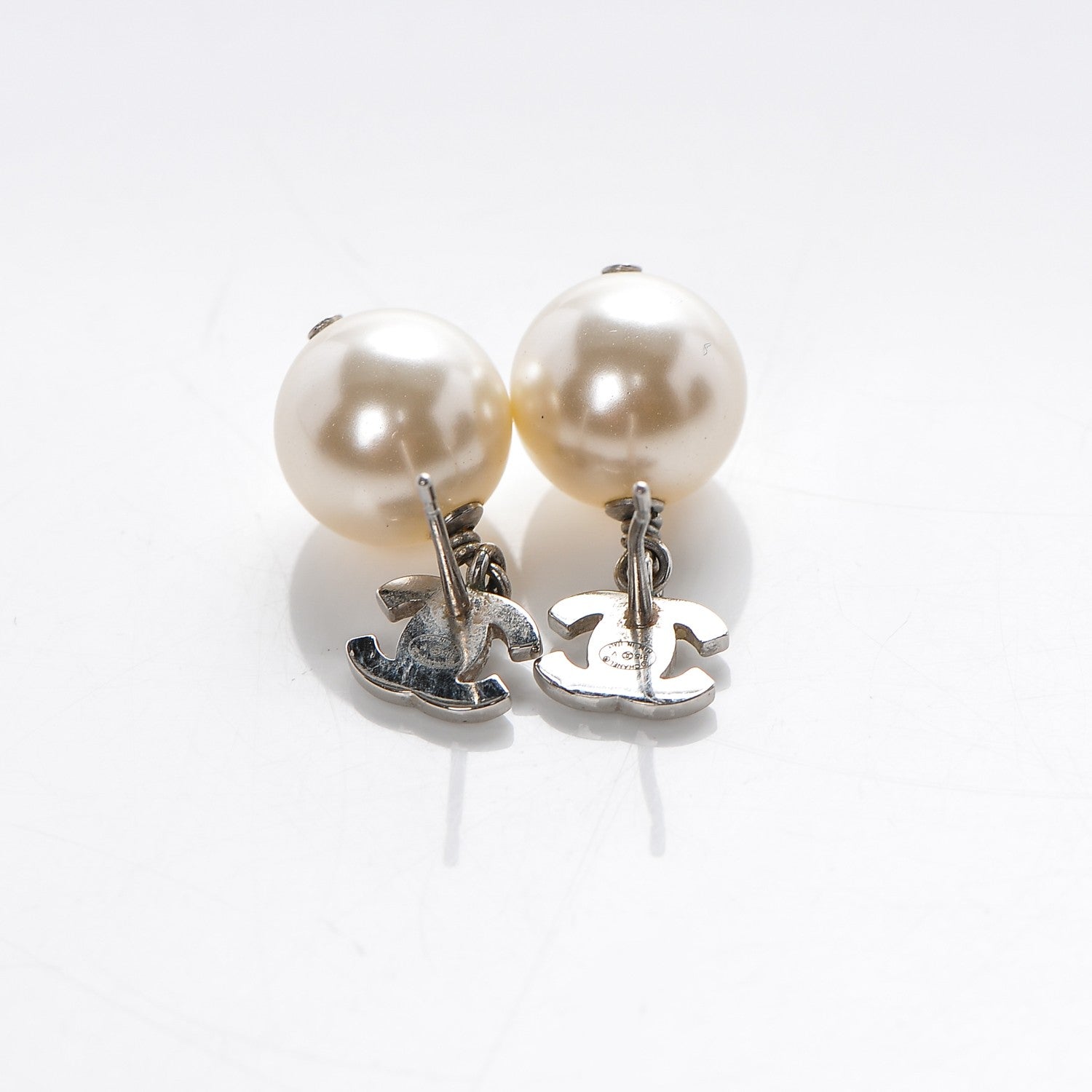 Chanel Crystal Pearl CC Drop Earrings Silver 4 of 5