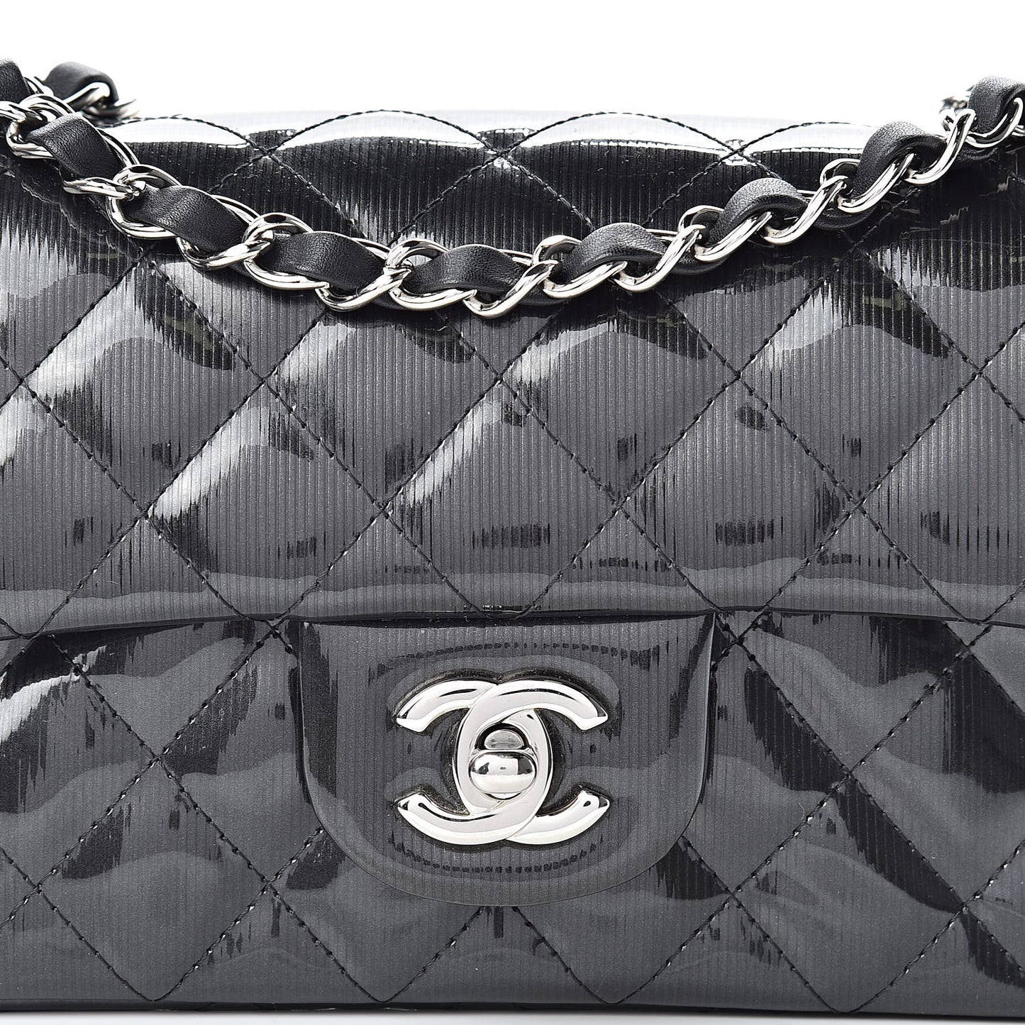 Striated Patent Calfskin Quilted Mini Rectangular Flap Dark Gray