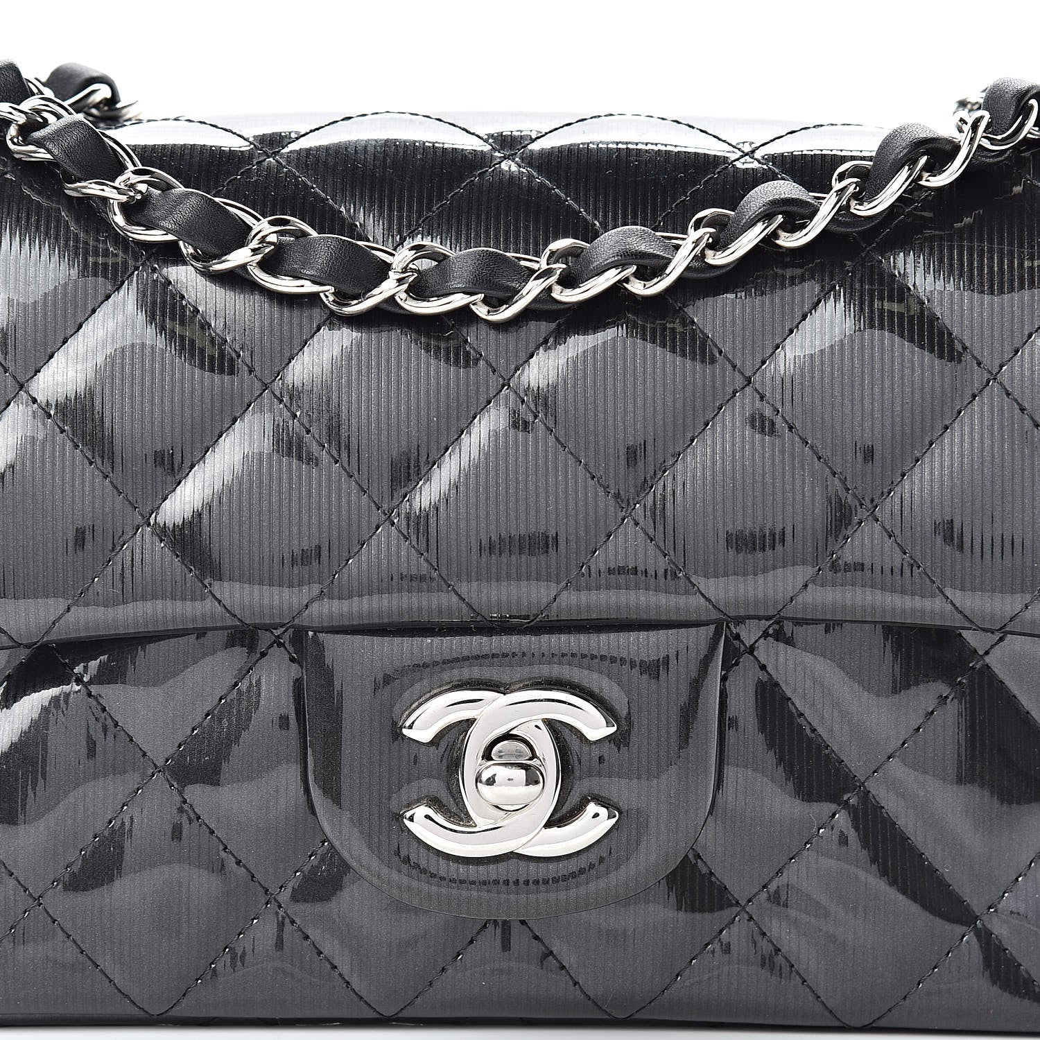 Chanel Striated Patent Calfskin Quilted Mini Rectangular Flap Dark Gray 8 of 10