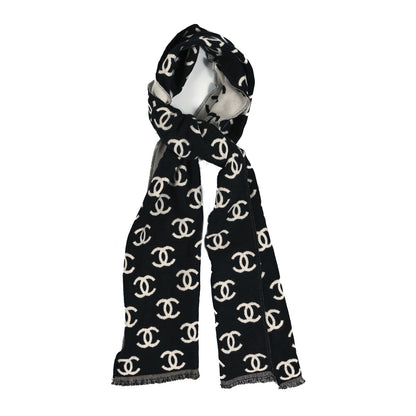 Chanel Cashmere Wool CC Scarf Grey White 1 of 4