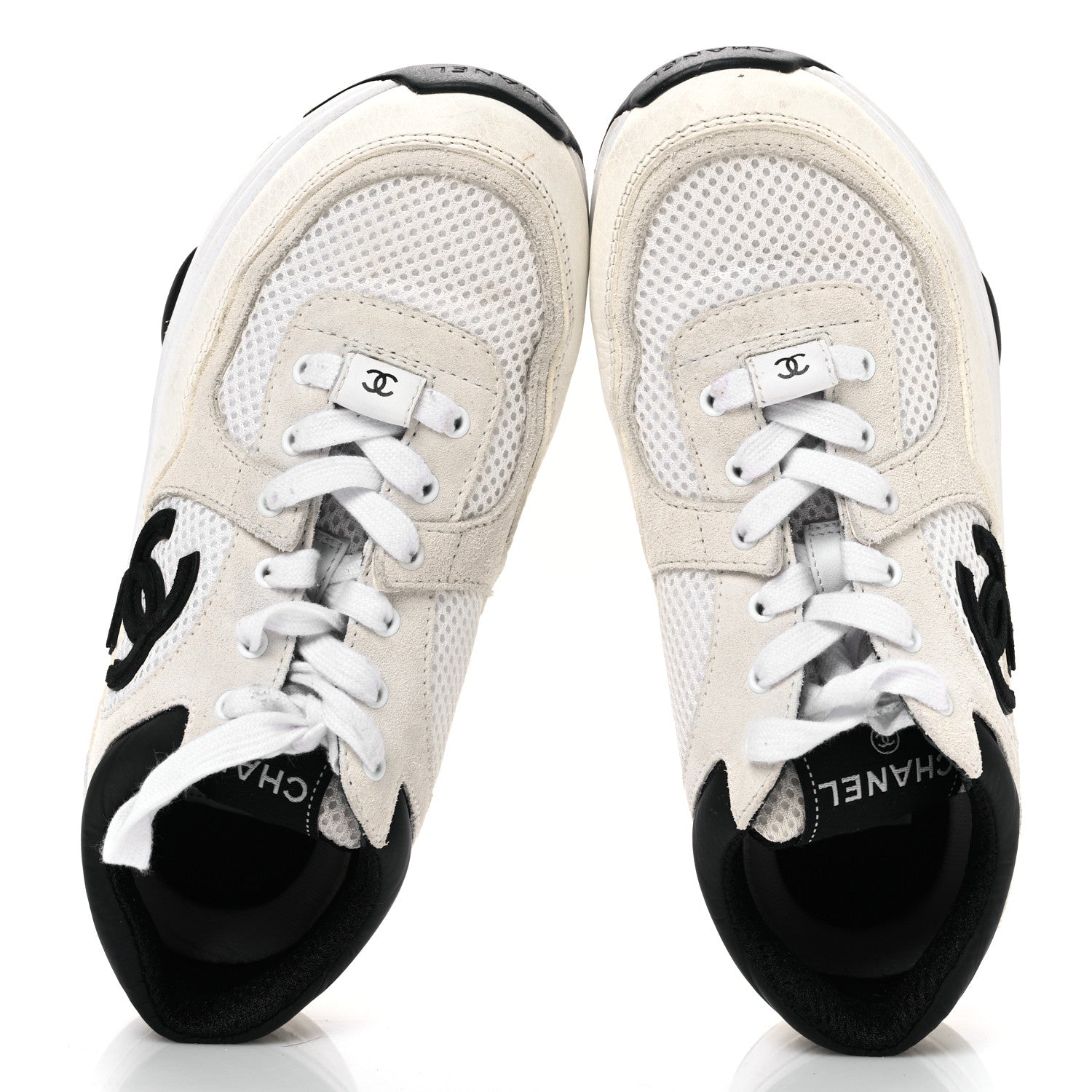 Chanel Mesh Suede Calfskin Grained Calfskin Womens CC Sneakers  36 White Black 2 of 10