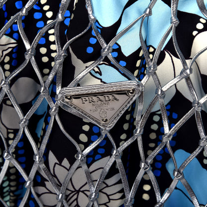 Prada Nylon Floral Print Net Tote Silver Blue 6 of 8