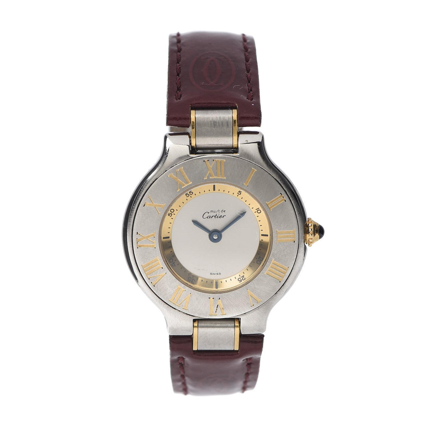 Stainless Steel 18K Yellow Gold Calfskin 28mm Must De 21 Quartz Watch Burgundy