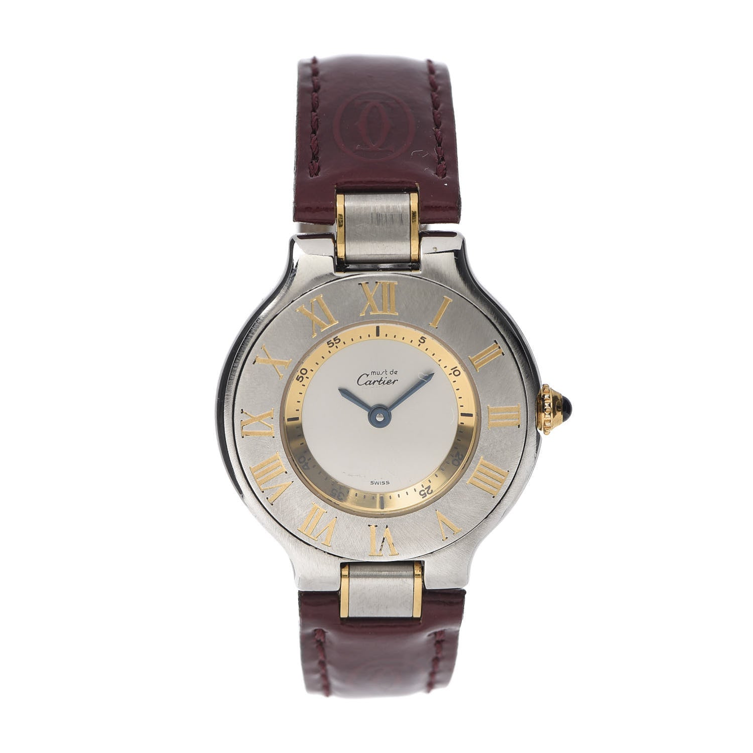 Cartier Stainless Steel 18K Yellow Gold Calfskin 28mm Must De 21 Quartz Watch Burgundy 1 of 9