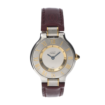 Cartier Stainless Steel 18K Yellow Gold Calfskin 28mm Must De 21 Quartz Watch Burgundy 1 of 9