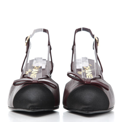 Chanel Lambskin Satin Slingback Cap Toe Bow Pumps 35.5 Burgundy Black 2 of 9
