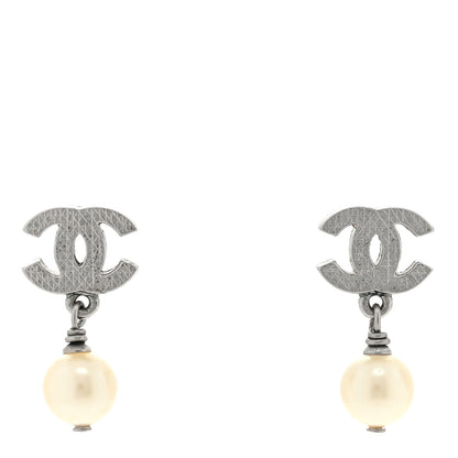 Chanel CC Pearl Drop Earrings Silver 1 of 4