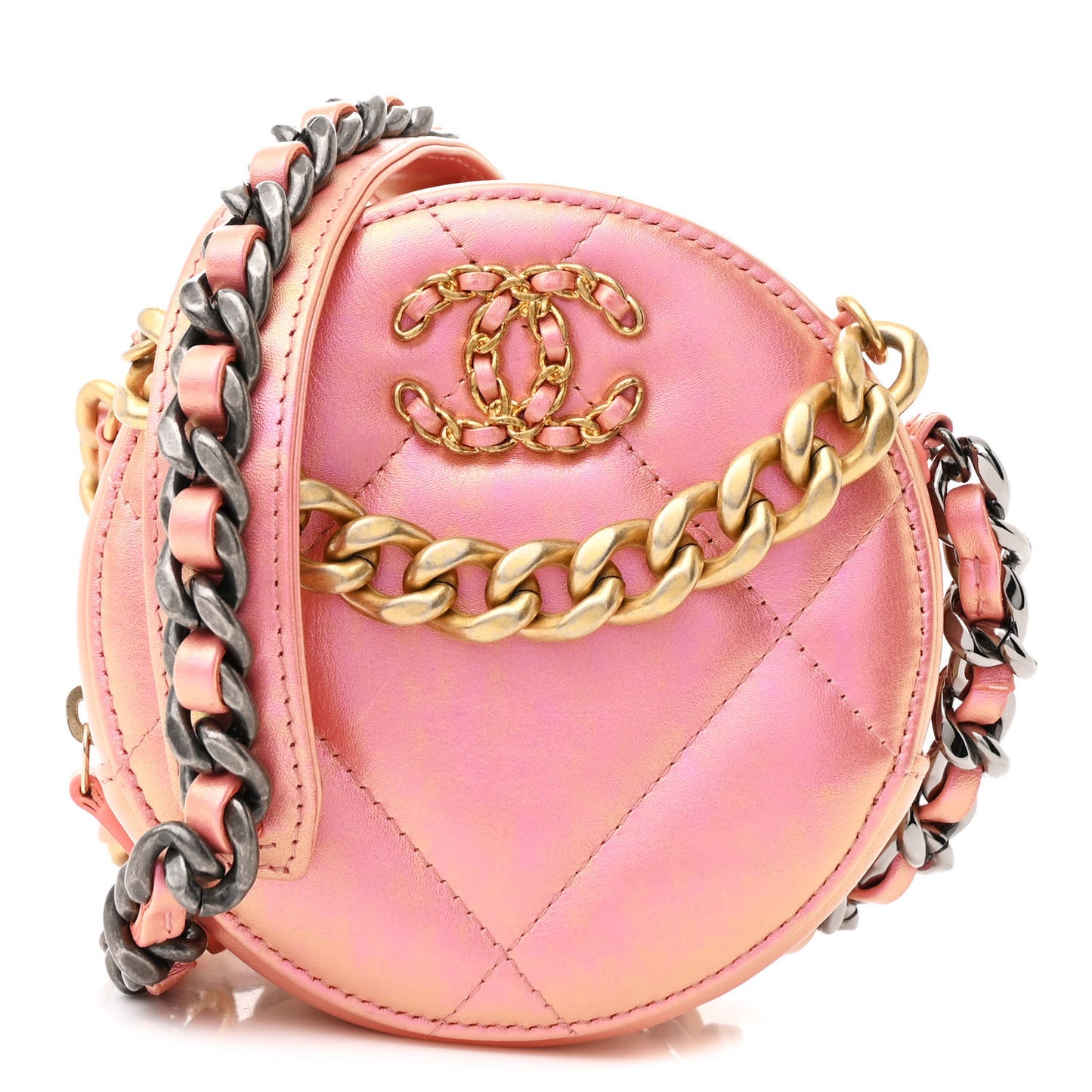 Iridescent Calfskin Quilted Chanel 19 Round Clutch With Chain Pink