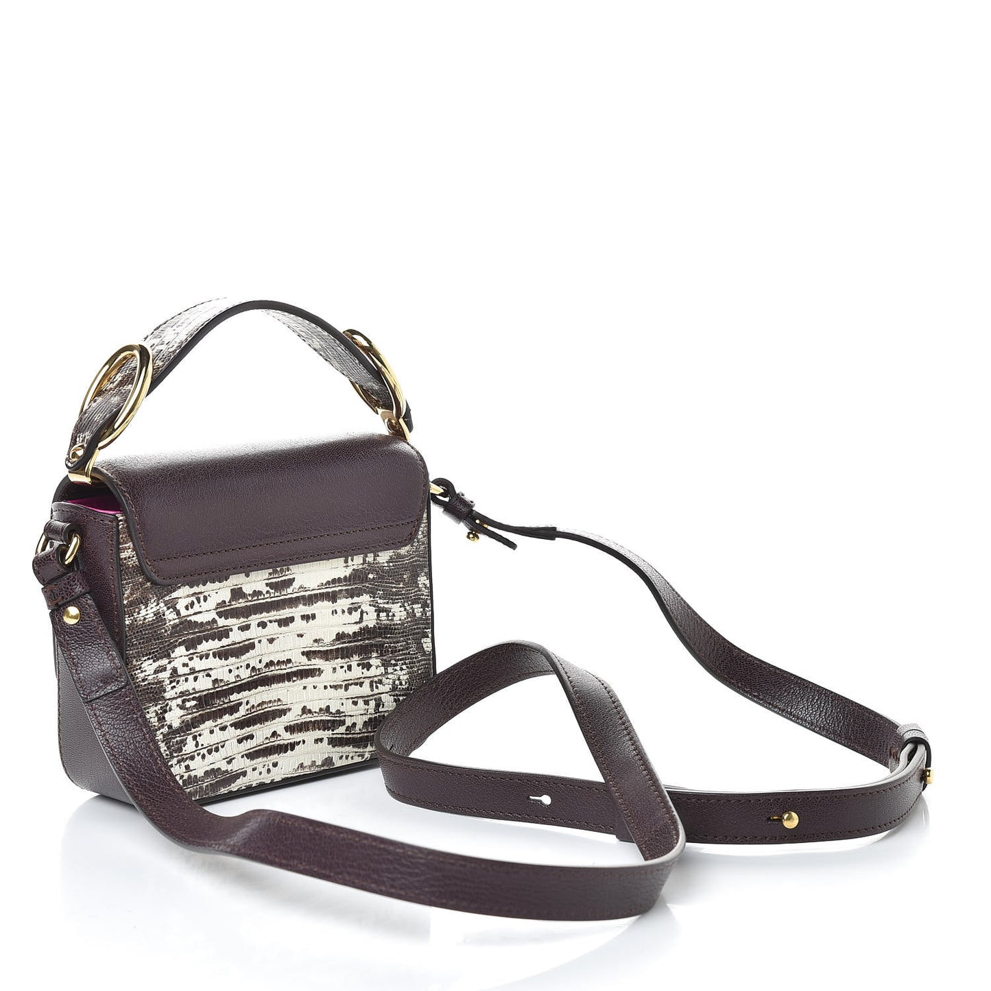 Shiny Goatskin Calfskin Lizard Embossed Mini C Double Carry Black Raisin
