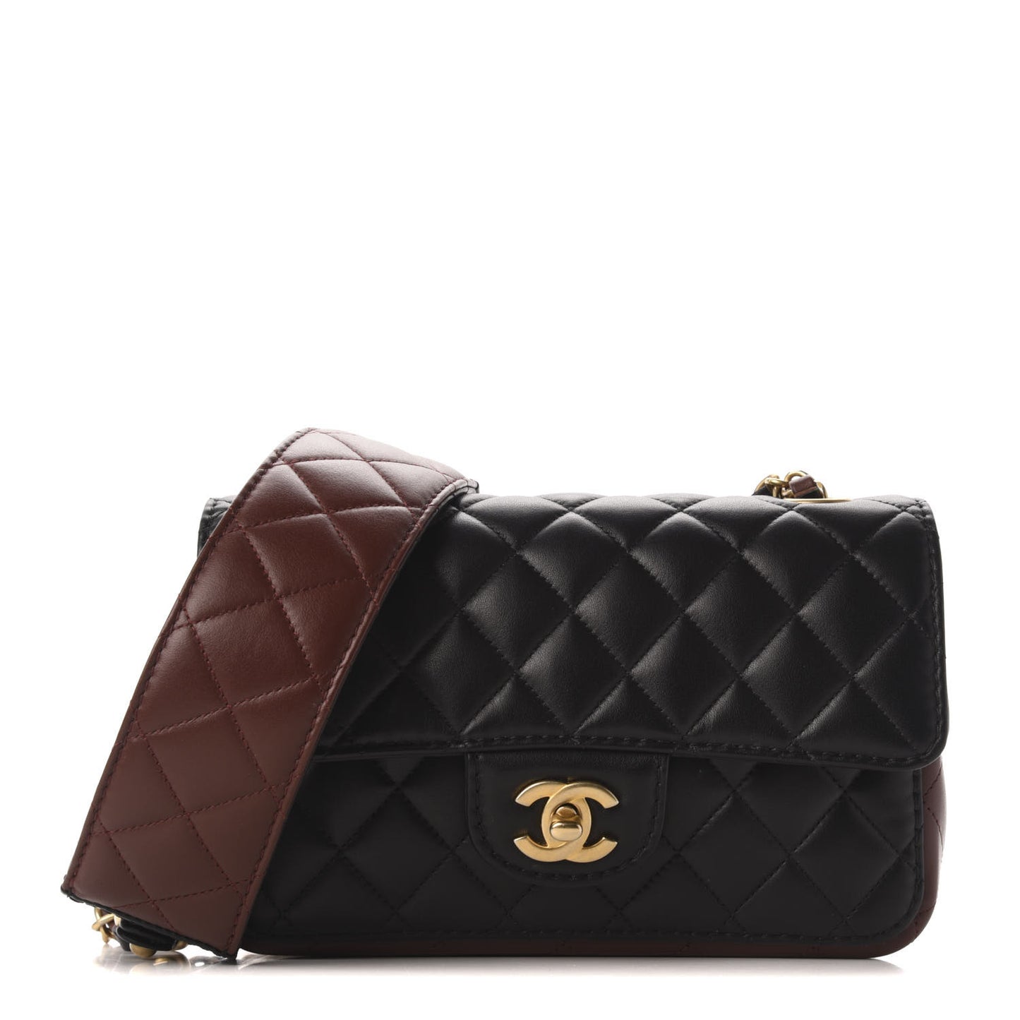 Calfskin Quilted Small Strap Into Flap Bag Black Brown