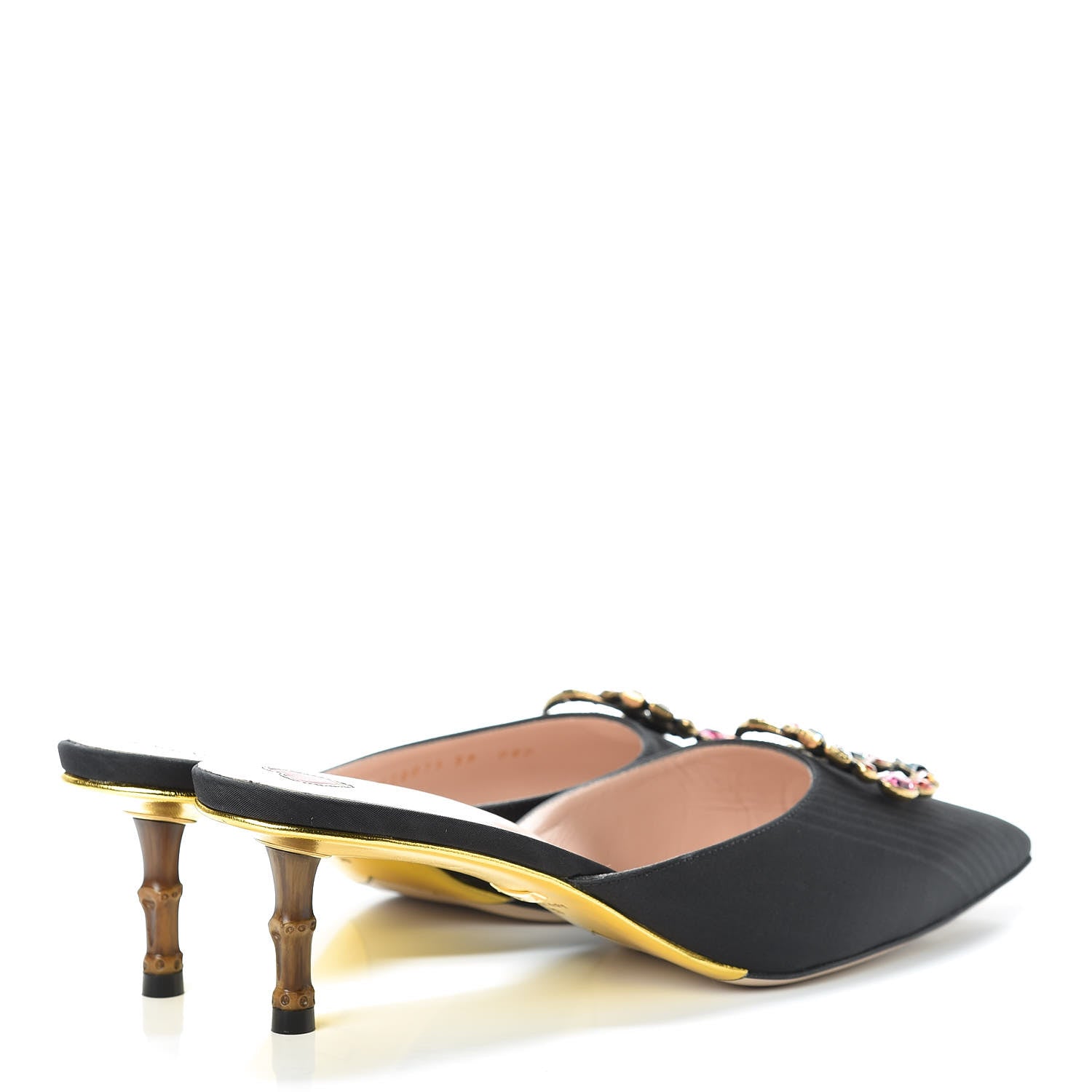 Gucci Moire Silk Crystal Logo Embellished Mules 39 Black 4 of 8