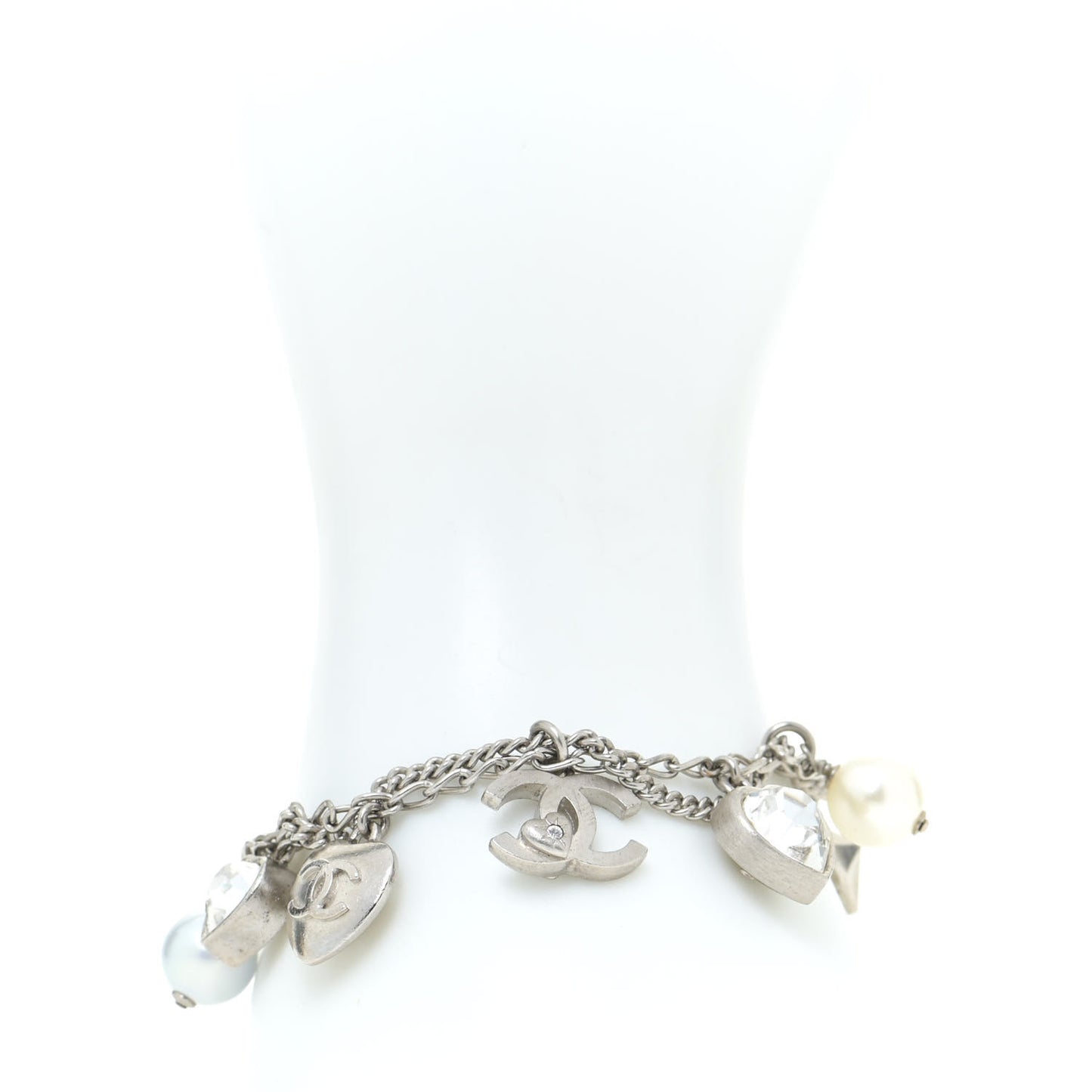 Metal Crystal Pearl Heart Charm Bracelet Silver