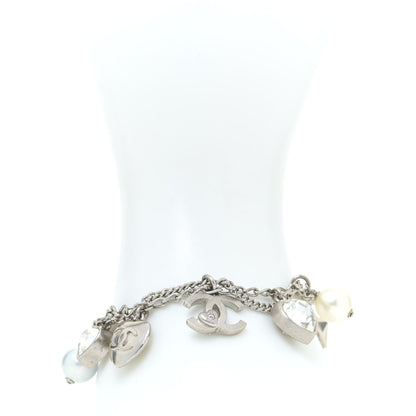 Chanel Metal Crystal Pearl Heart Charm Bracelet Silver 2 of 5