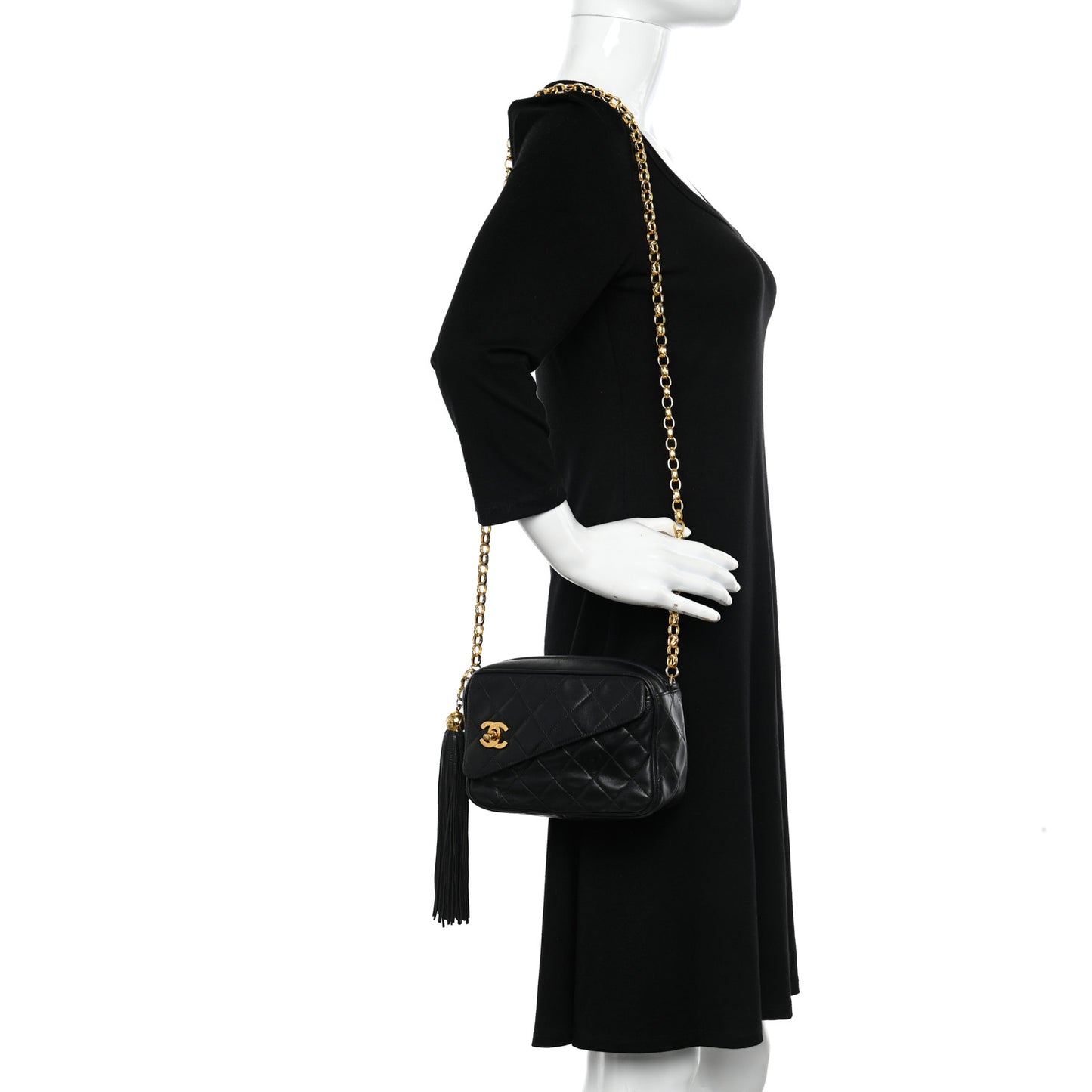 Lambskin Quilted Tassel Flap Camera Case Black