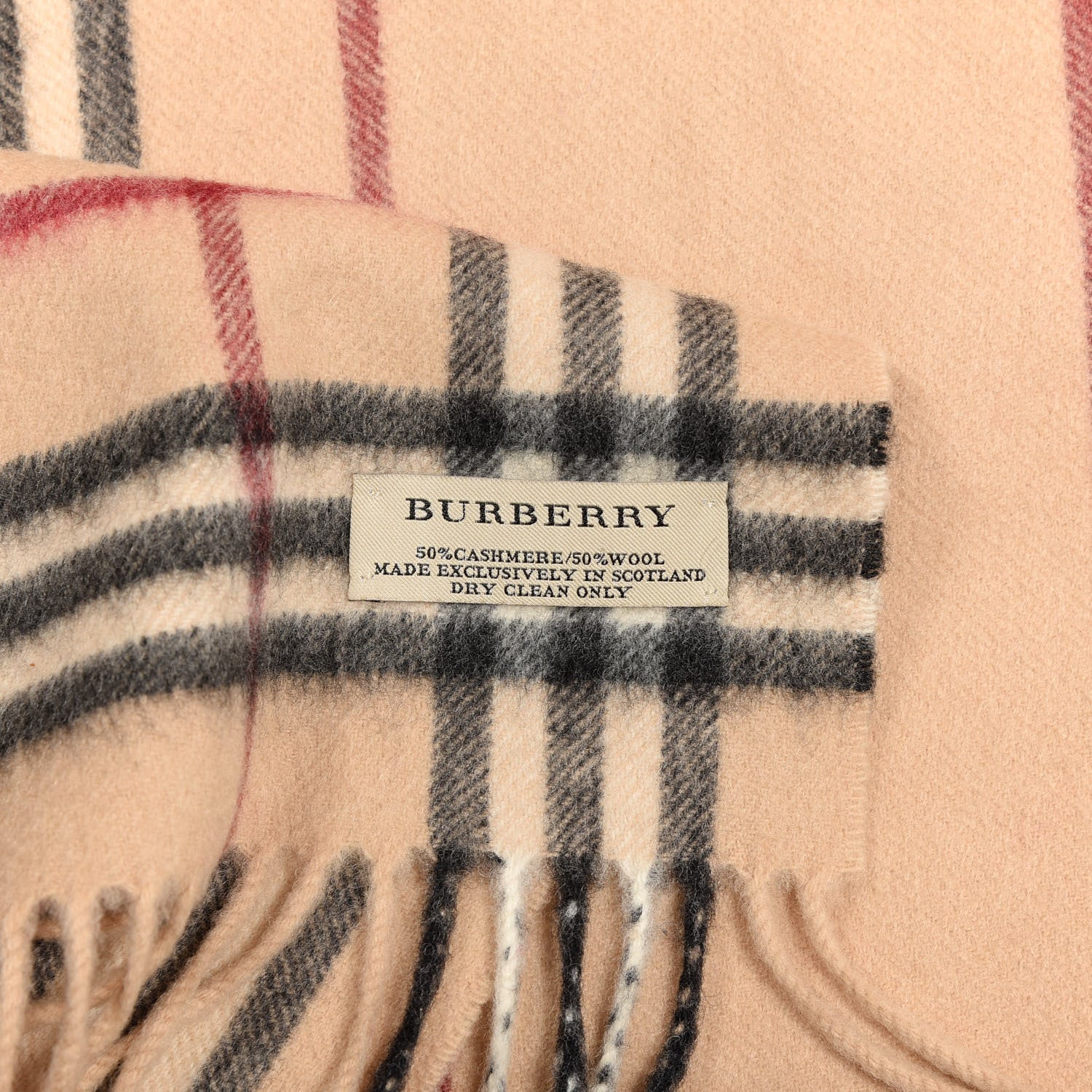 Burberry Cashmere Wool Check Fringe Scarf Beige 3 of 3
