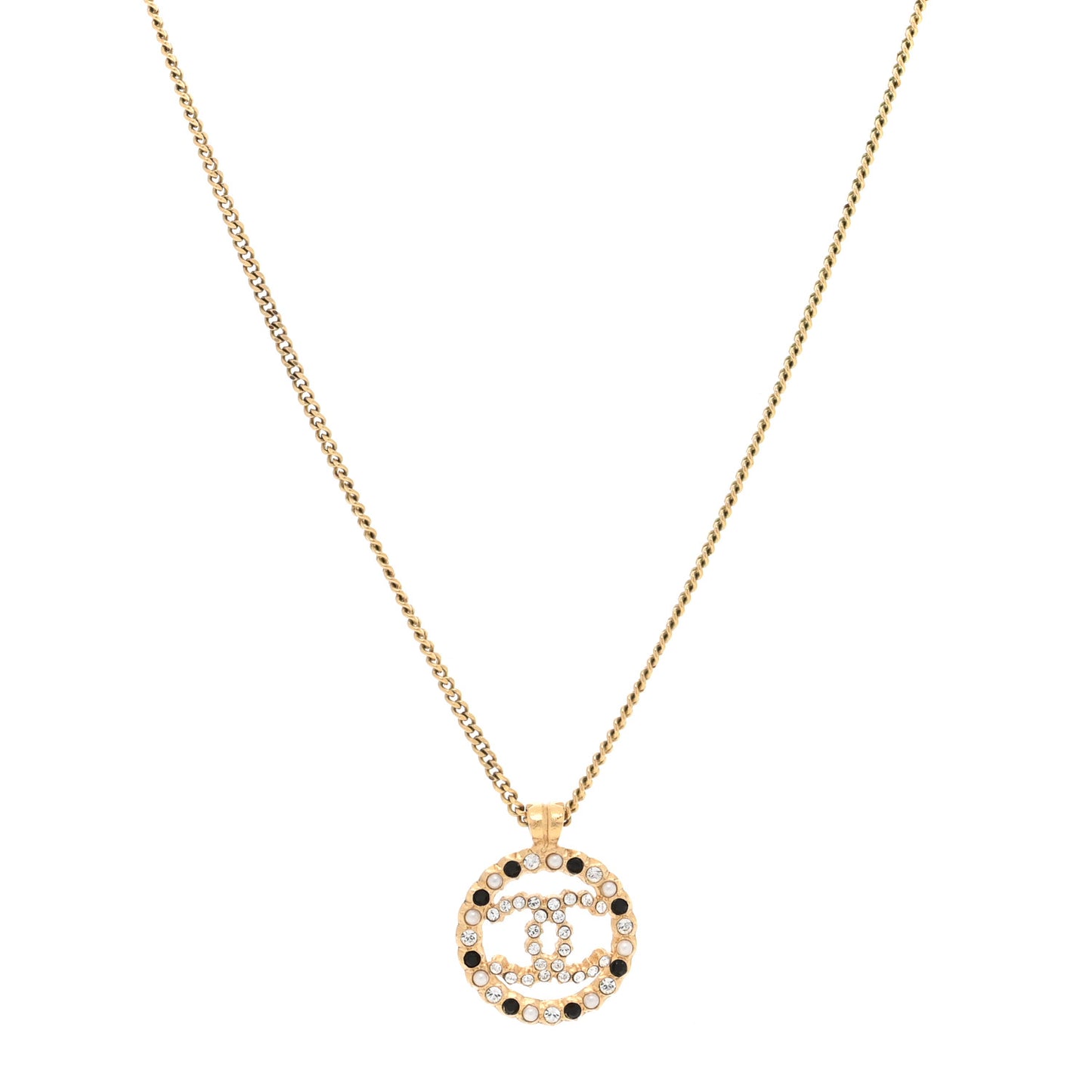 Pearl Crystal CC Round Pendant Necklace Gold Black