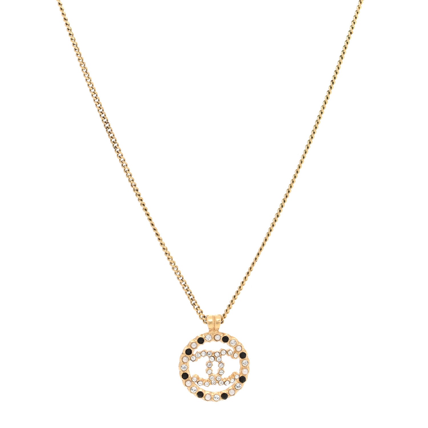 Chanel Pearl Crystal CC Round Pendant Necklace Gold Black 1 of 5