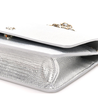 Chanel Calfskin Lizard Embossed Wallet on Chain WOC Silver 9 of 11