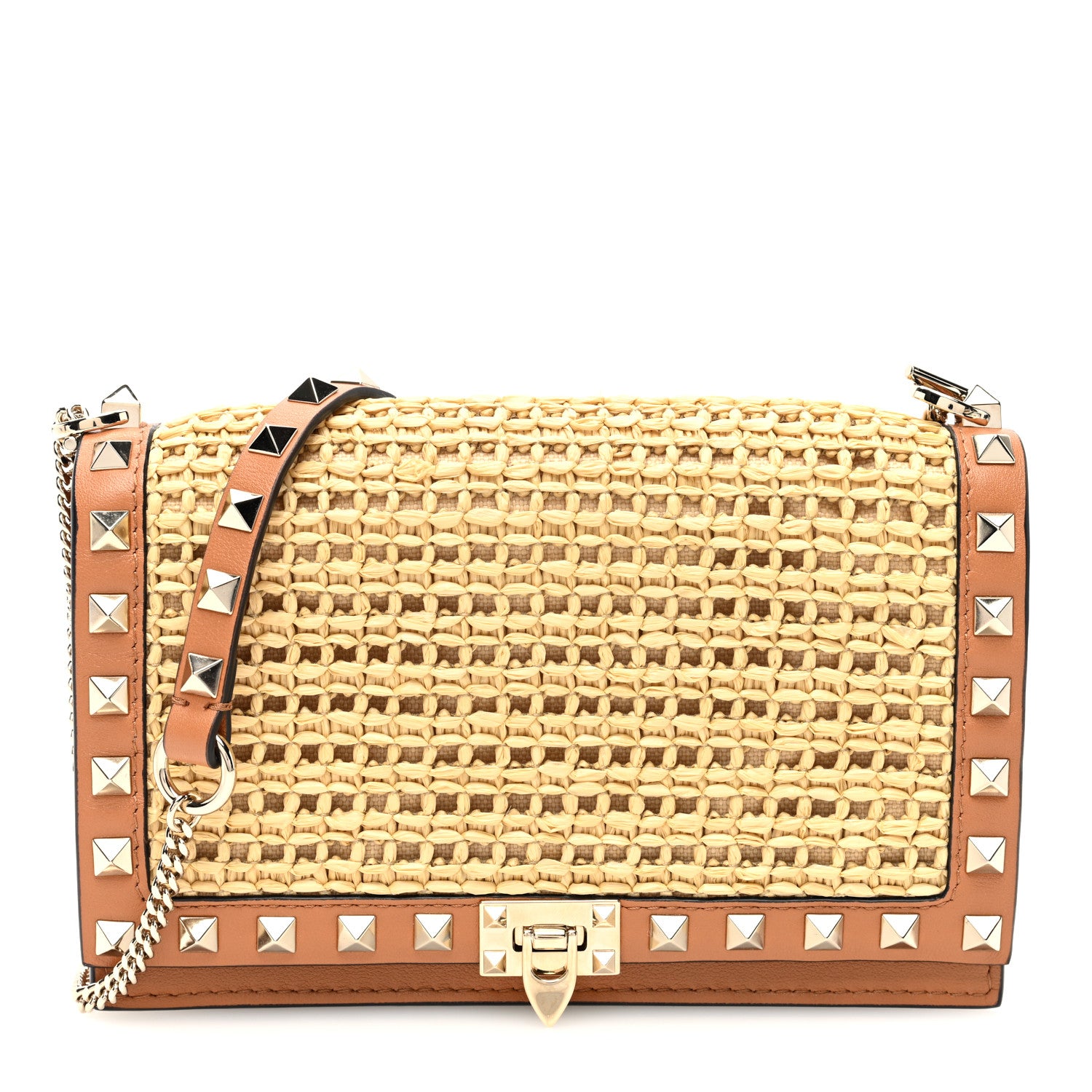 Valentino Garavani Raffia Calfskin Rockstud Wallet On Chain Pouch Natural Almond Beige 1 of 9