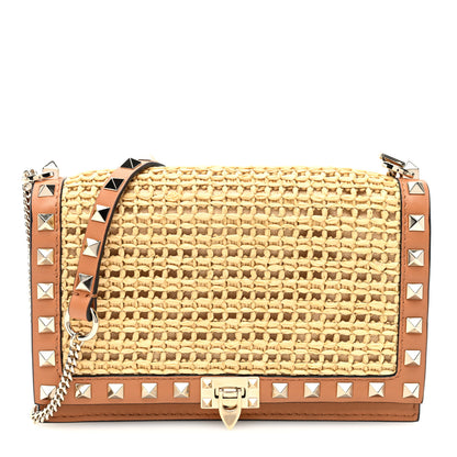 Valentino Garavani Raffia Calfskin Rockstud Wallet On Chain Pouch Natural Almond Beige 1 of 9