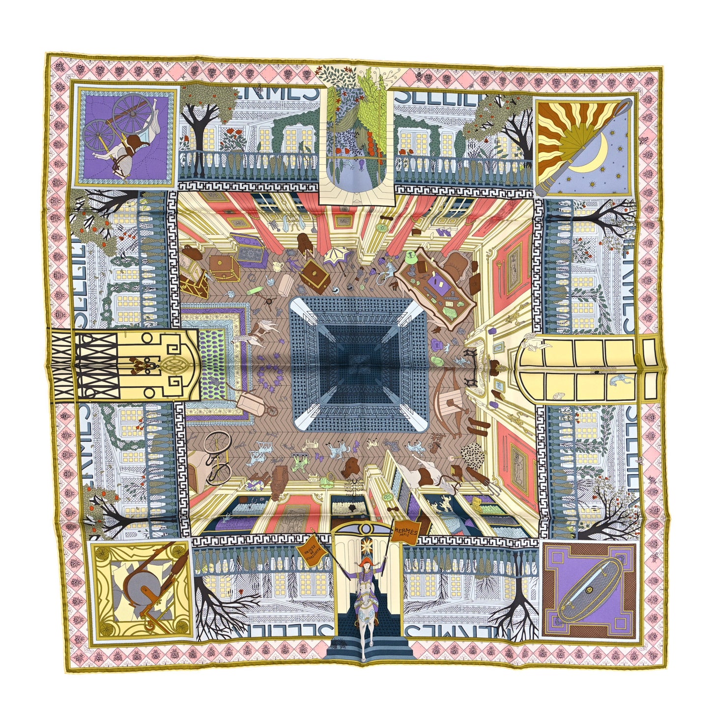 Silk Objets De Curiosite Scarf 90 Bleu Gris Jaune Soufre Rose