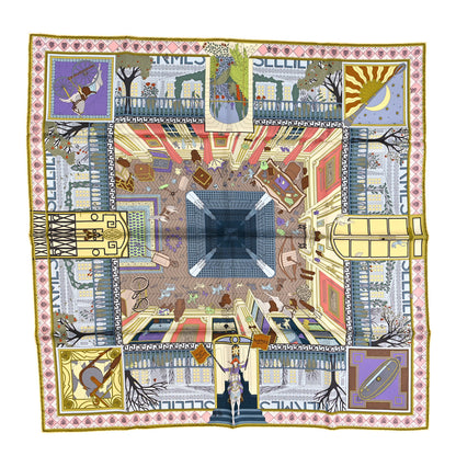 Hermes Silk Objets De Curiosite Scarf 90 Bleu Gris Jaune Soufre Rose 1 of 5