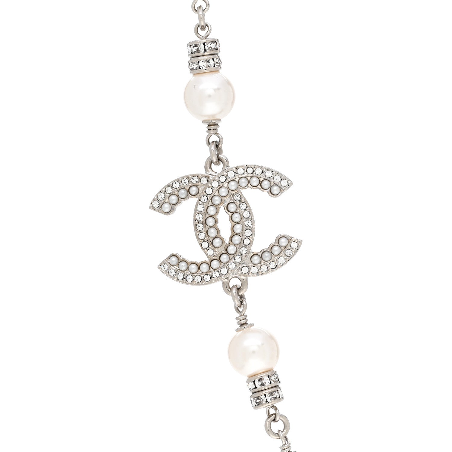 Chanel Pearl Crystal CC Necklace Silver 4 of 7